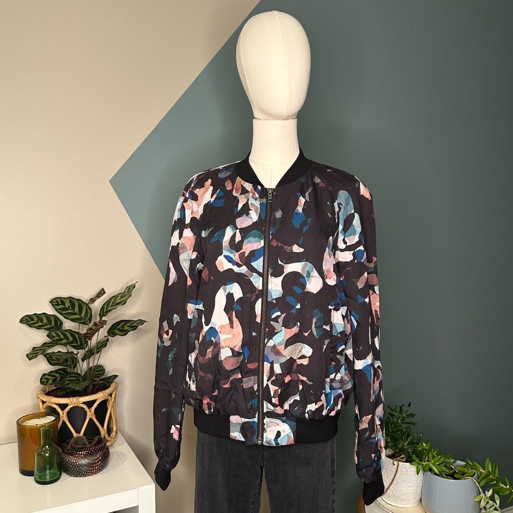 FRENCH CONNECTION Abstract Print Bomber Jacket US 8 Lightweight Lyocell Chic EUC
